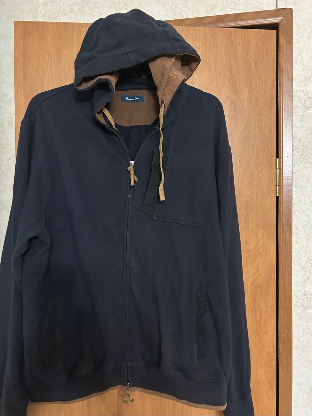 Massimo Dutti Men’s Navy Zip-Up Hooded Sweater with Brown Lining